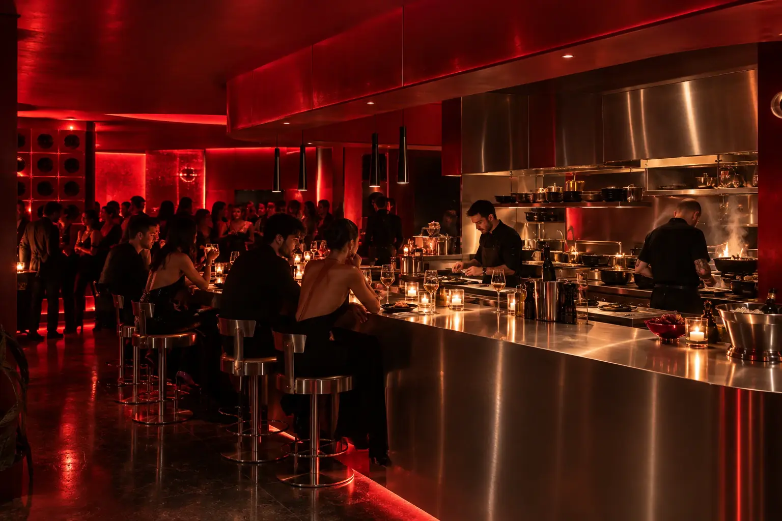 ARCHE open kitchen with a stainless steel counter, diners and red-lit walls