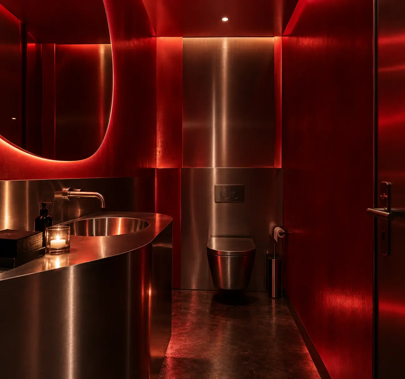 ARCHE washroom in brushed stainless steel and red with a backlit organic mirror