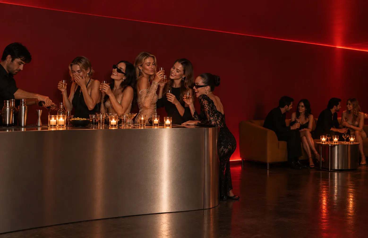 Guests at the curved stainless steel bar of ARCHE with a lounge beyond