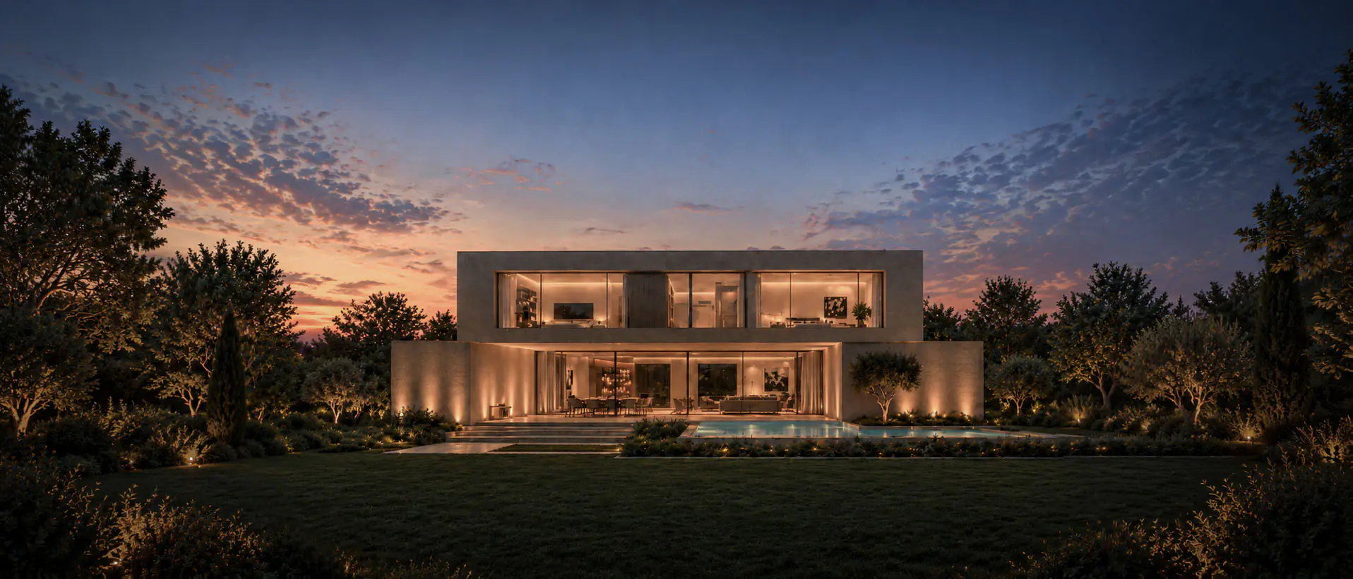 FBK House, İzmir: havuzu ve camlı yaşam alanlarıyla akşam saatlerinde bahçe cephesi