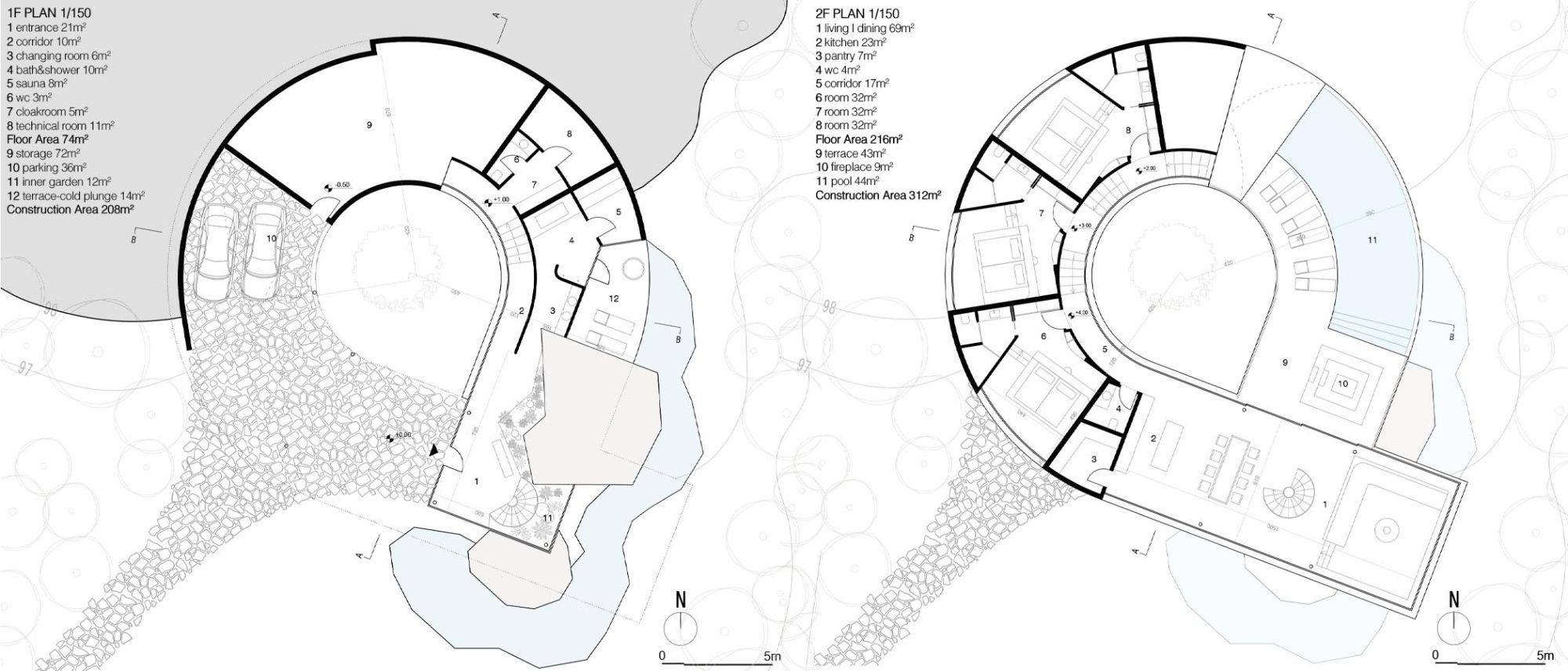 Rooted in Time ground floor and first floor plans at 1:150, showing the spiral circulation around the central courtyard