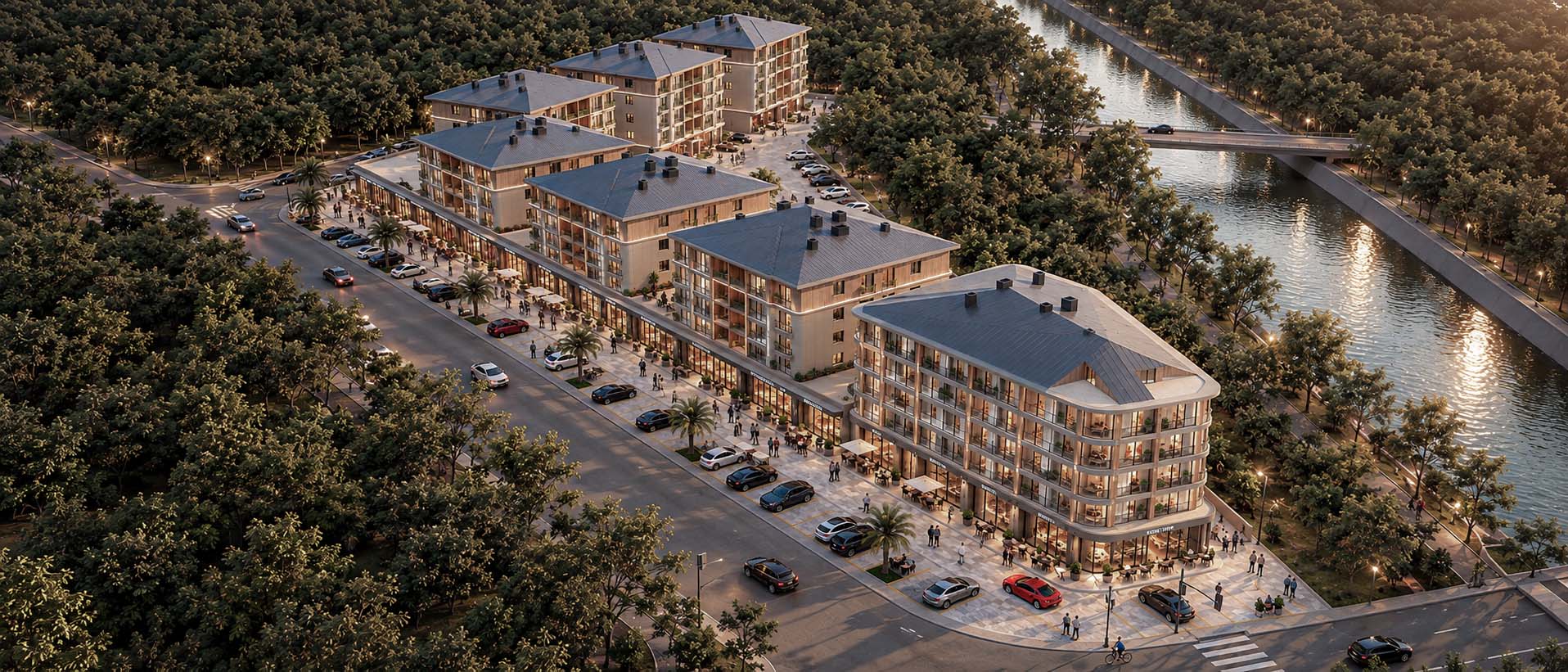 Valora Park Residences seen from above the street, with shops and cafés along the ground floors