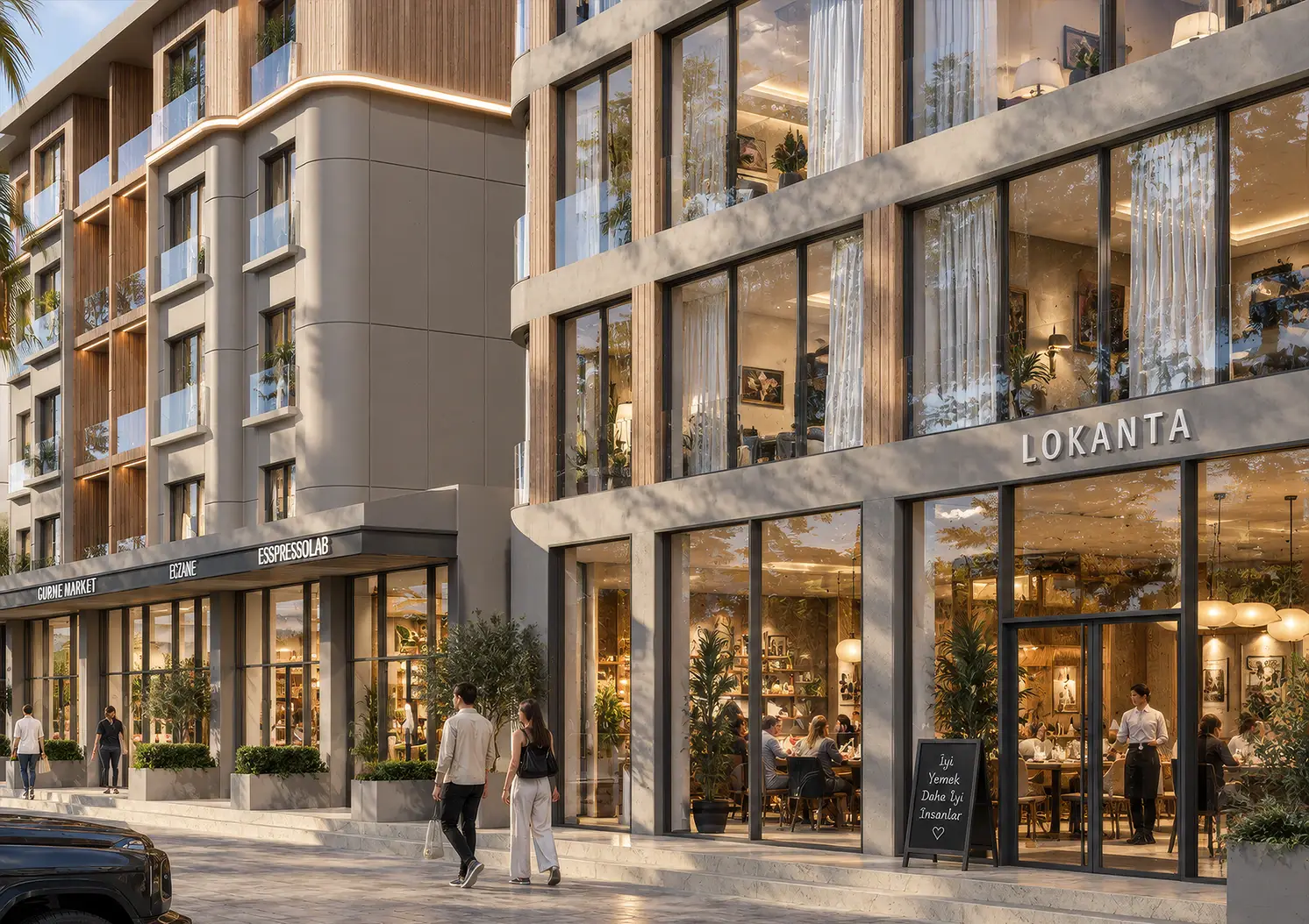 Valora Park Residences, Silivri: ahşap kaplı balkonların altında lokanta, kafe ve dükkânlarla sokak seviyesi görünümü